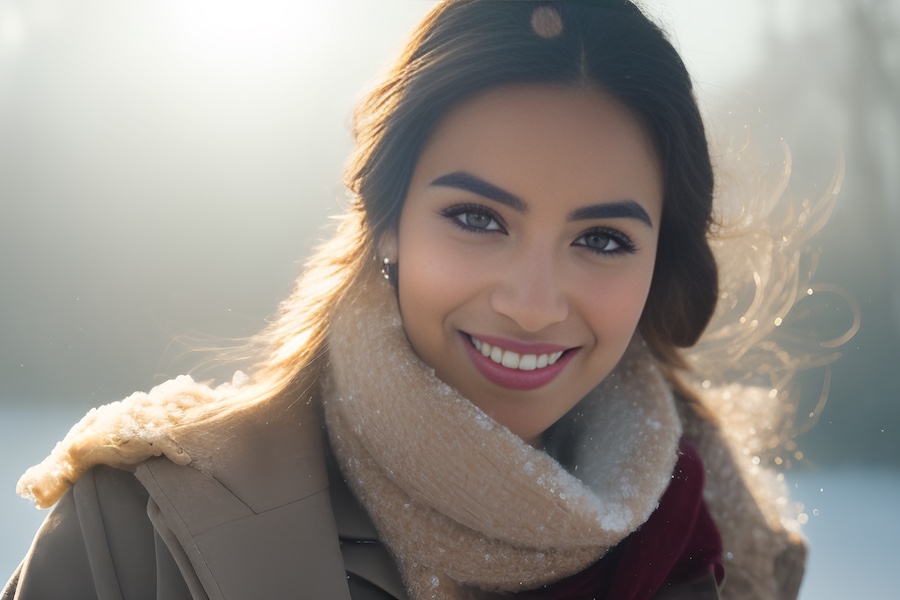 A woman in a chic beige coat and scarf beams on a snowy day, her dark hair playfully tousled by the wind. Cozy winter style at its best.
