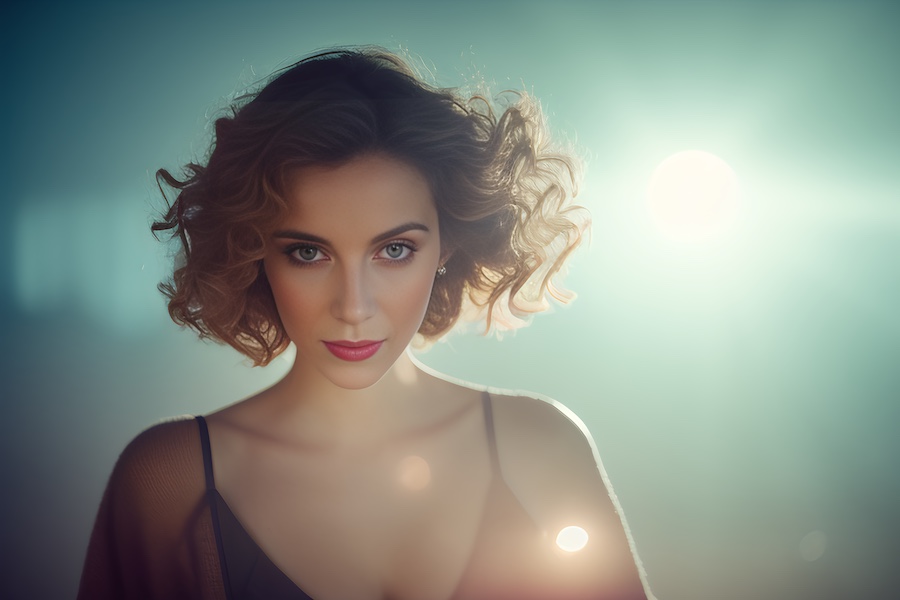 A woman with chic short curls, donning a delicate low-cut top, is bathed in ethereal light, symbolizing serene modern elegance.