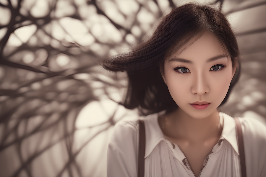 A woman with long dark hair exudes ethereal elegance in a chic white blouse against a backdrop of swirling abstract lines.