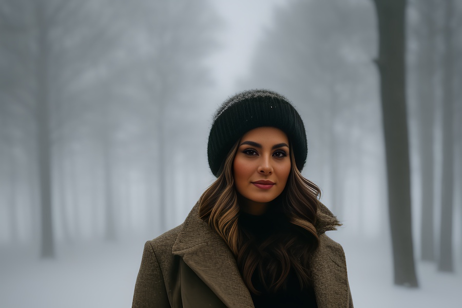 A woman embraces mystery in a foggy forest, her dark hat and coat echoing an elegant blend of style and nature's allure.