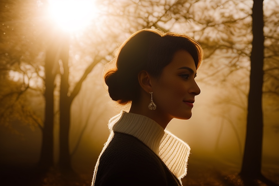 A woman with short brown hair in a chic white turtleneck and ornate earrings stands gracefully against a sunlit, misty forest backdrop.