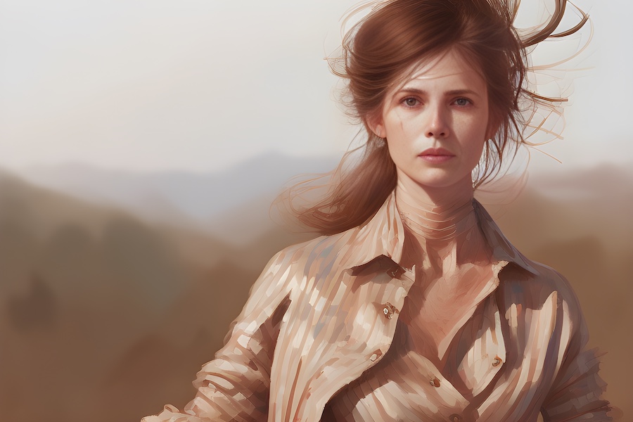 A fashion-forward woman with flowing hair dons a chic patterned shirt, standing elegantly against a serene, mountain-kissed backdrop.