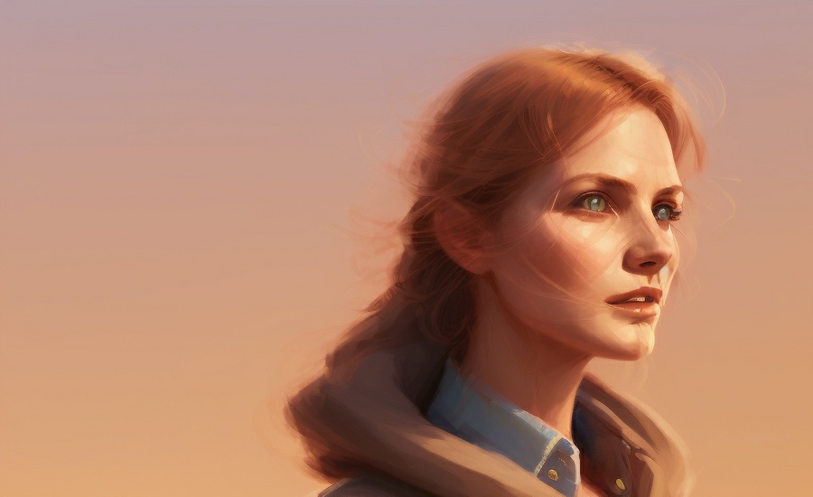 A red-haired woman in a blue shirt and brown jacket gazes thoughtfully into a sunset, embodying serene, effortless style.