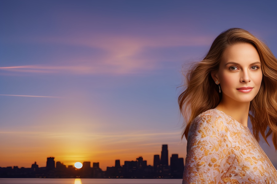 A stylish woman with flowing locks wears a chic patterned top, standing before a sunset-lit cityscape, exuding urban elegance.