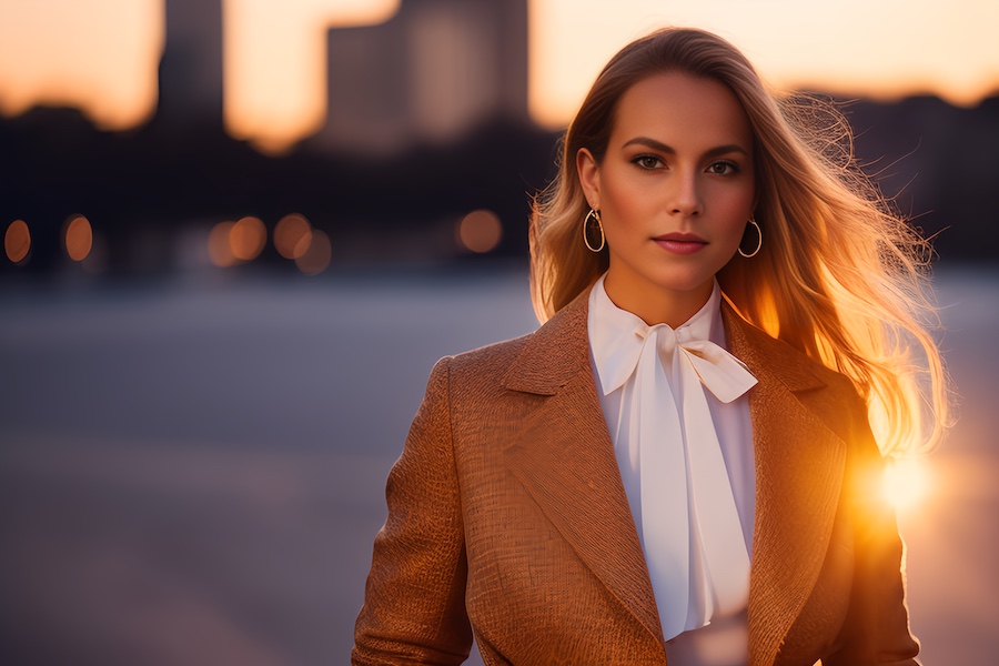 A stylish figure in a brown textured blazer and chic bow-tie blouse basks in sunset's glow, with city lights softly blurred behind—a nod to urban elegance.