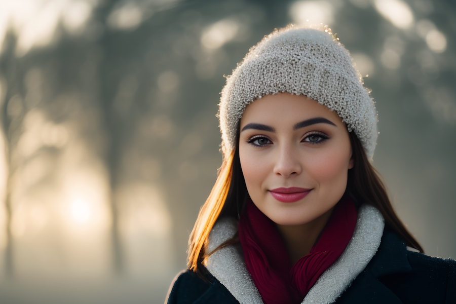 A fashion-forward individual in a chic hat and scarf ensemble stands against misty trees, capturing the essence of serene autumn style.