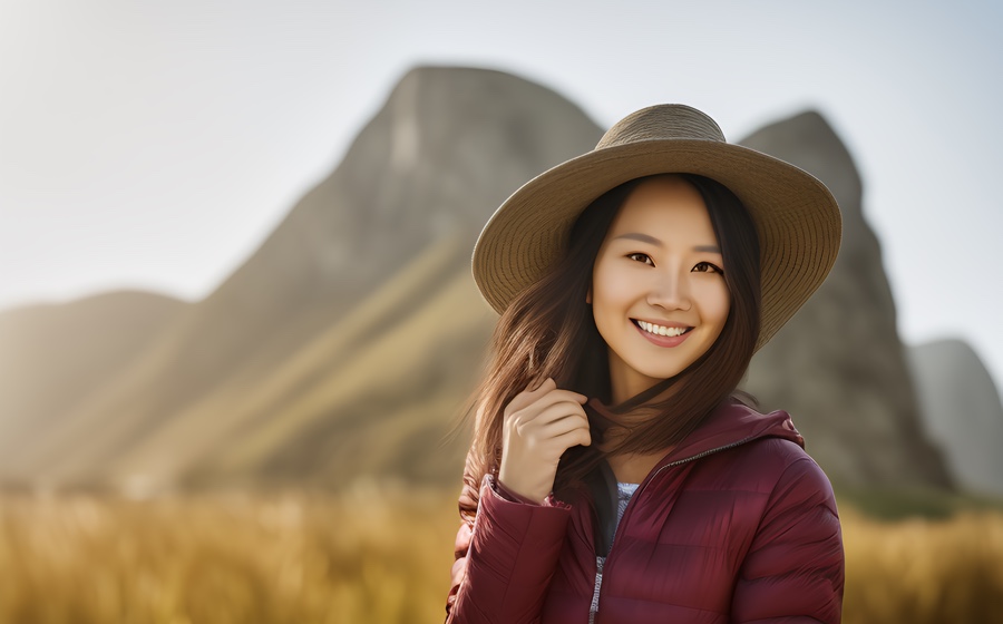 A woman in a red jacket and chic wide-brimmed hat poses confidently, merging elegant style with nature's rugged beauty.