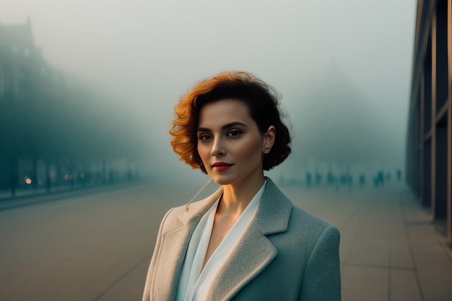 A fashion-forward individual with short curls rocks a chic, light coat over a white blouse on a misty street, embodying urban elegance.