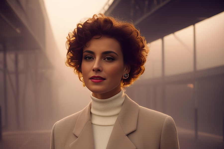A woman with curly hair exudes elegance in a beige coat and white turtleneck, set against a misty, industrial backdrop with soft lighting.