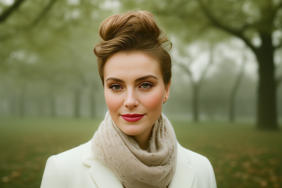 A stylish woman in a white coat and chic updo pairs her look with a beige scarf, standing gracefully in a misty autumn park setting.
