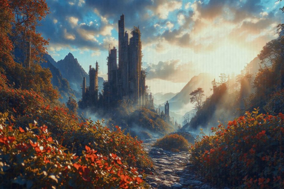 Discover an enchanted landscape—a path with red foliage, mystical mountains, and sunlight. The perfect backdrop for showcasing a bespoke leather phone bag.