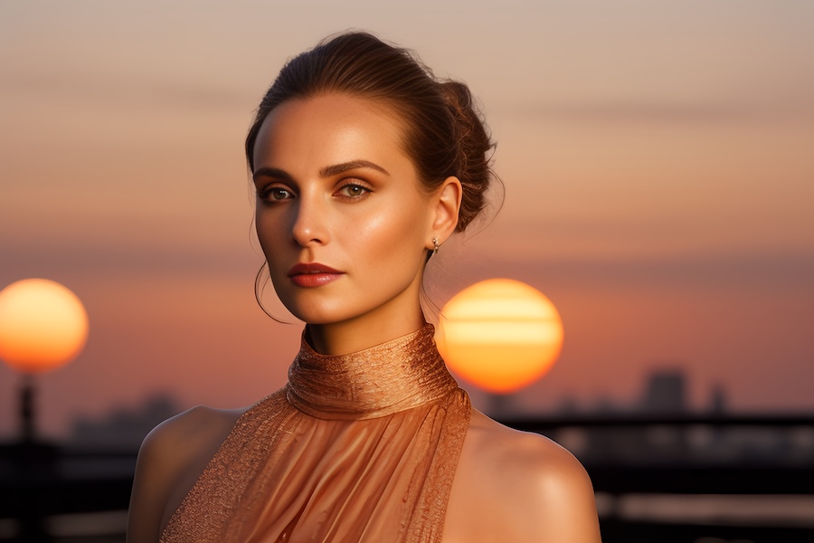 A woman dazzles in a shimmering gown against a sunset backdrop, blending urban chic with nature's glow; a stunning fashion moment.