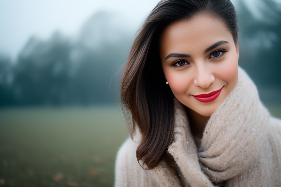 A woman with flowing dark hair dons a chic beige scarf, exuding warmth and style against a serene, foggy backdrop of blurred trees.