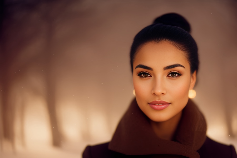 A chic woman in a brown coat and gold earrings exudes timeless elegance amidst a foggy forest, embracing a minimalist winter trend.