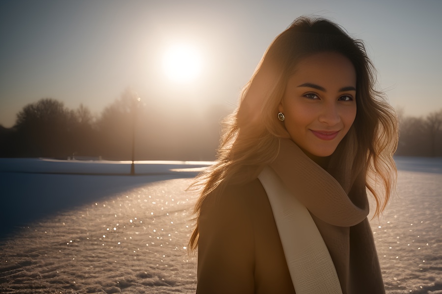 A woman with flowing hair radiates warmth in a snowy sunset, wrapped in a cozy scarf; winter fashion meets nature's golden embrace.