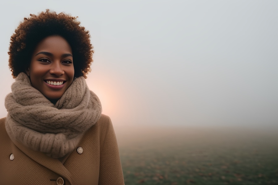 In a misty field, a person with curly hair smiles warmly, showcasing a brown coat and thick knitted scarf—embracing cozy chic style.