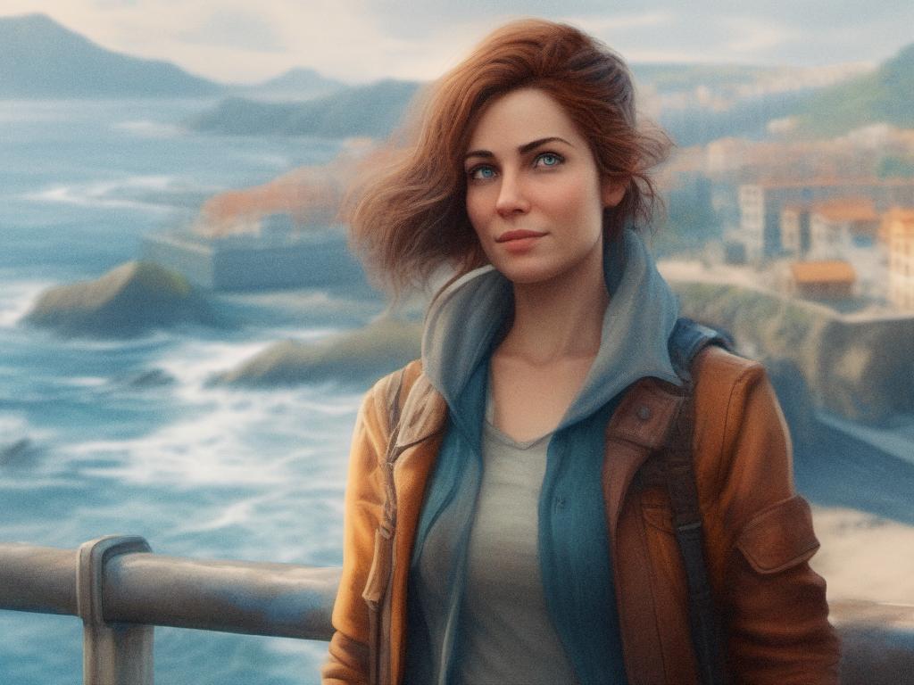 A stylish woman with wavy auburn hair, donning a brown jacket over a gray hoodie, gazes thoughtfully at a scenic seaside town. Perfect blend of casual chic.
