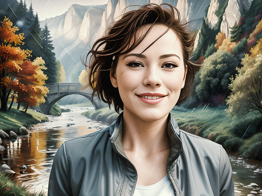 Chic woman with trendy short hairstyle, elegantly poised before a picturesque autumn mountain and river landscape.
