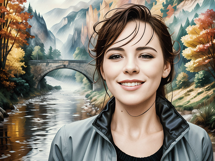 Chic woman gleefully stands by an autumnal riverside, stone bridge backdrop, modeling fall fashion trends.