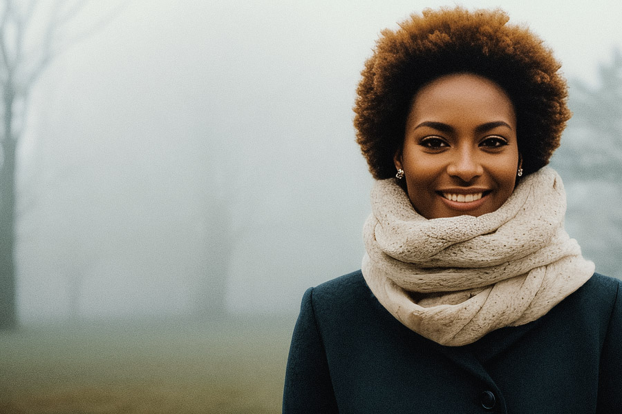 Stylish woman with a radiant smile sporting an afro, a warm beige scarf and dark coat, amidst ethereal fog.