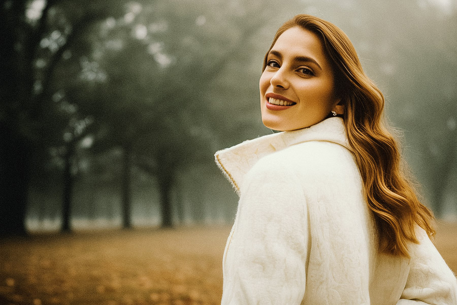 A stylish woman in a chic white coat radiates joy, accessorized with an enchanting autumn forest backdrop shrouded in fog.