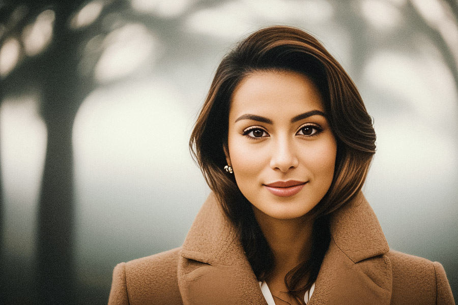 Stylish woman sports a chic beige coat, her beaming smile matching the allure of the eerie foggy trees backdrop.