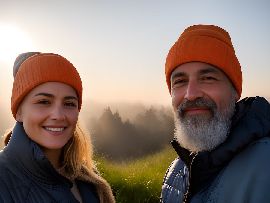 A man and woman in orange beanie hats showcasing leather crafts kits in a field.