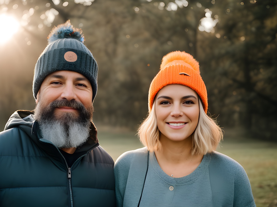 A couple wearing beanie hats in a park.