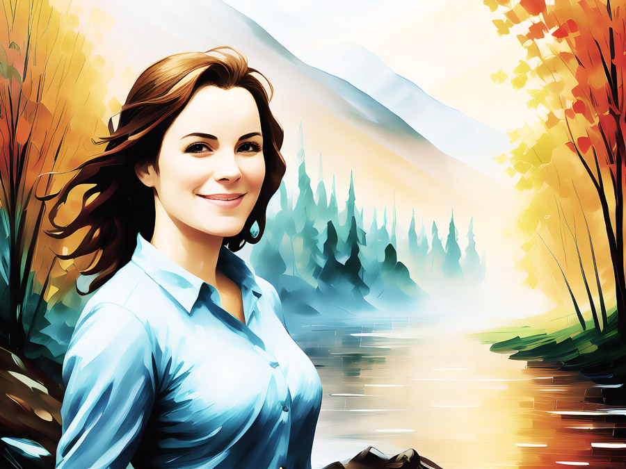 "Stunning oil painting of an elegant woman standing by a serene, flowing river."