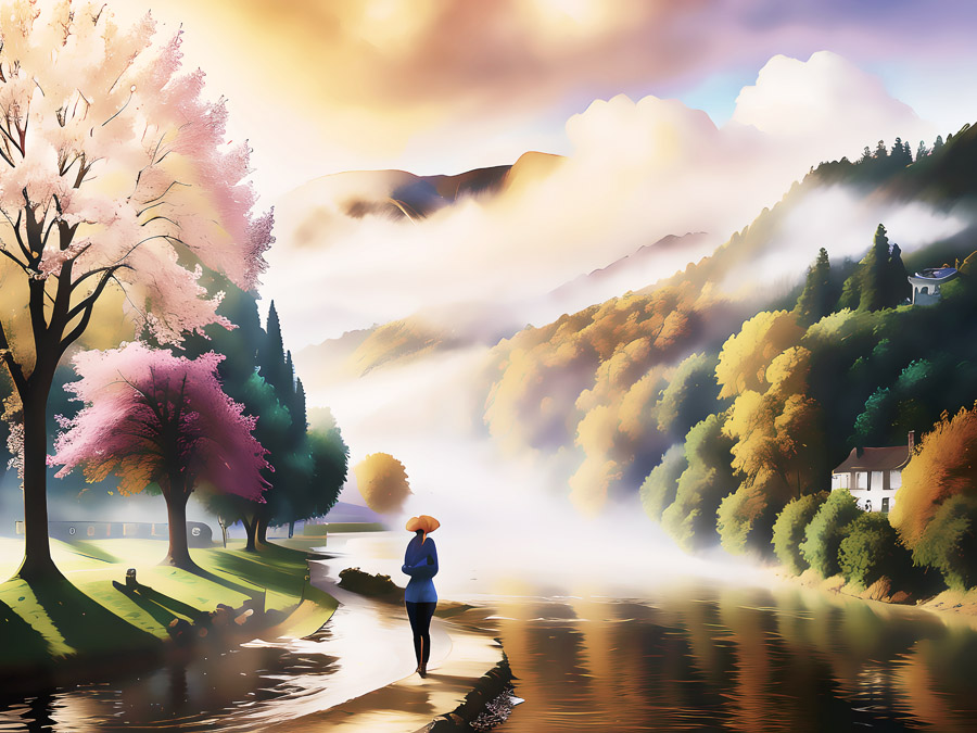 "Individual strolling along a scenic riverside trail, immersed in the tranquility of nature."