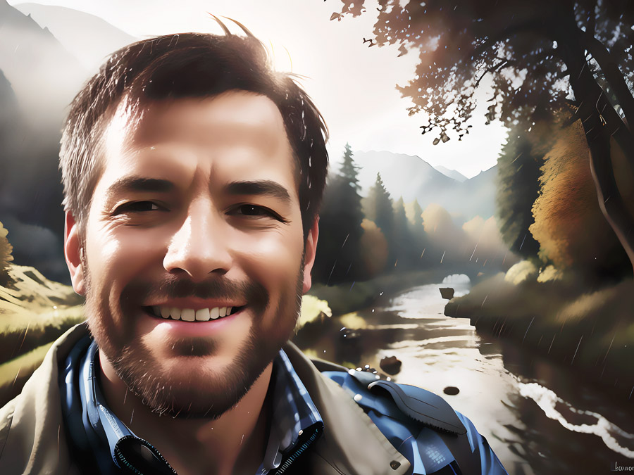 Cheerful man joyfully posing against a tranquil riverside backdrop.