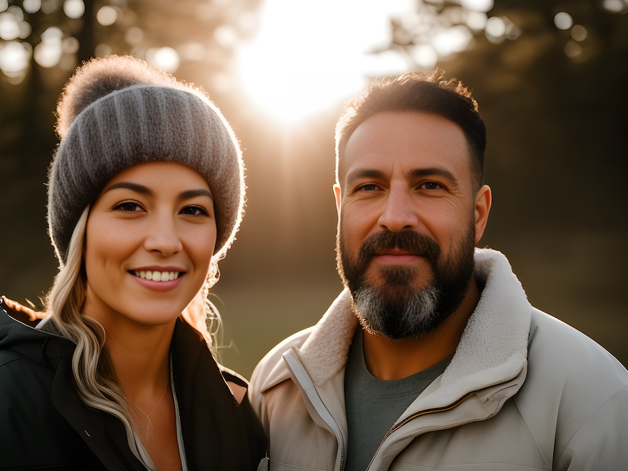 A couple wearing leather crafts kits standing in a park at sunset.