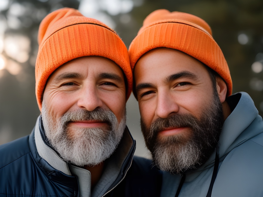 Two older men with beards showcasing the best leather bags for men while posing for a photo.