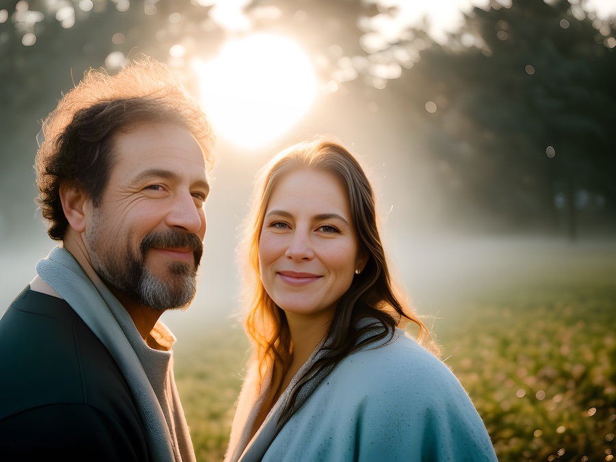A man and woman standing in a field with mist in the background showcasing a smart wallet.