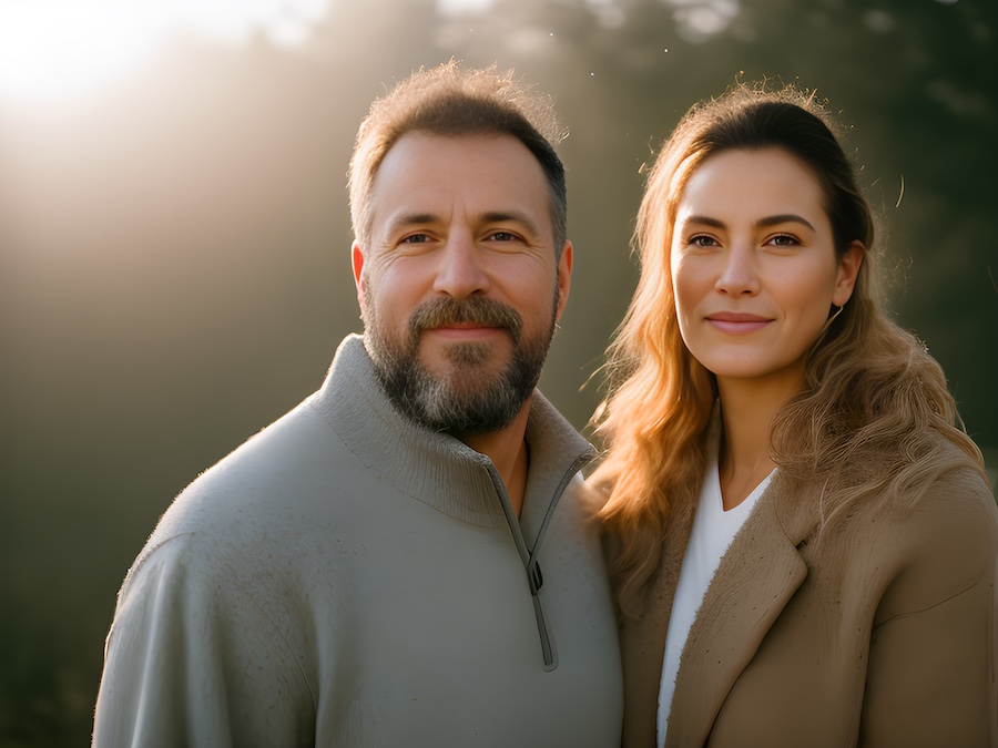 A couple posing for a photo in the woods while showcasing their leather crafts.