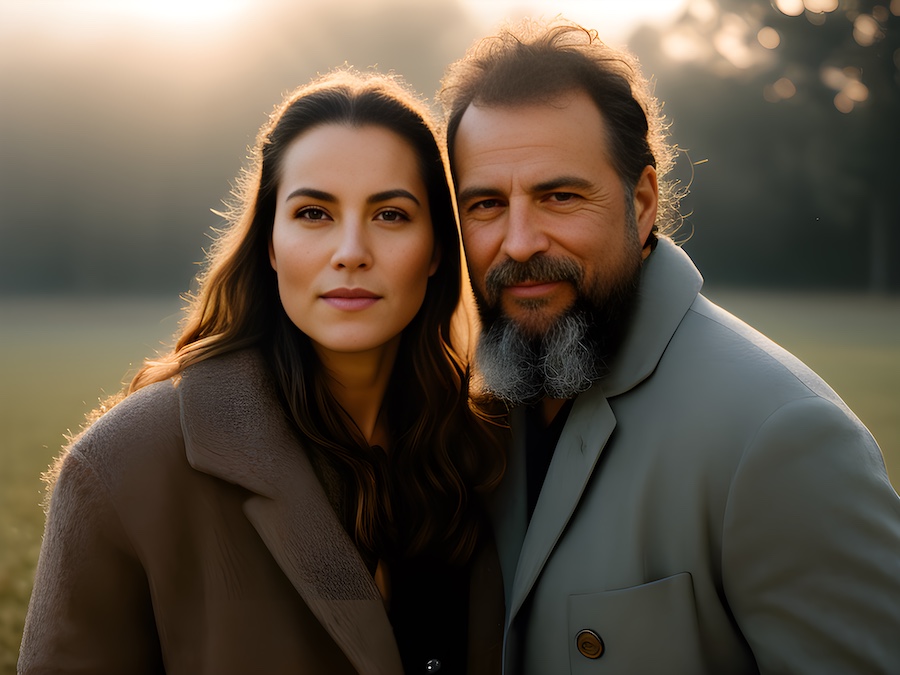 A man and woman striking a pose with a smart wallet.