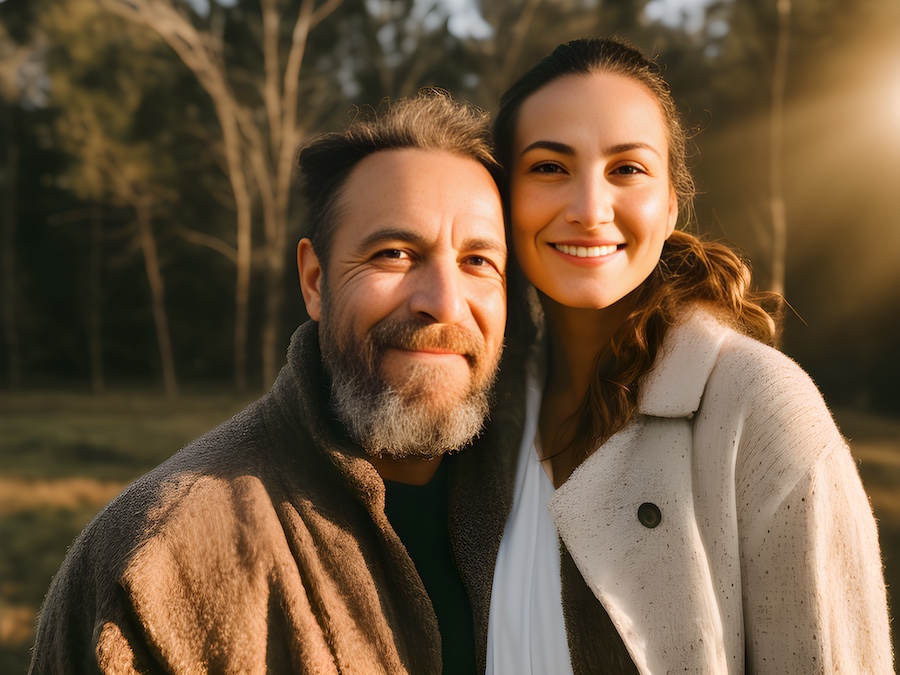 A couple enjoying a romantic evening in a field at sunset.