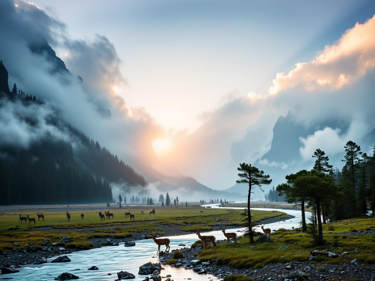 At sunrise, deer graze by a misty river in lush greenery. Nature's serene palette inspires earthy tones and tranquil fashion trends.