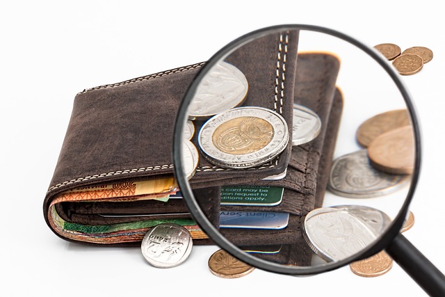 A smart wallet for men equipped with a magnifying glass and coins.