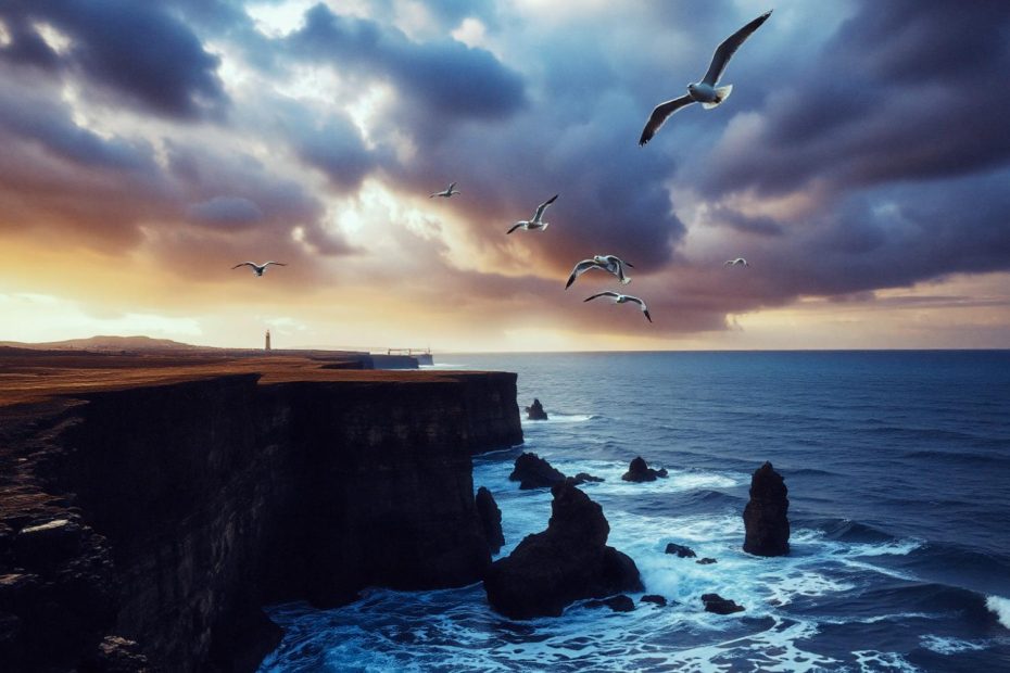 Beneath a sunset sky, seagulls soar over cliffs and waves. A lighthouse stands firm, echoing Samsonite Essens' enduring craftsmanship.