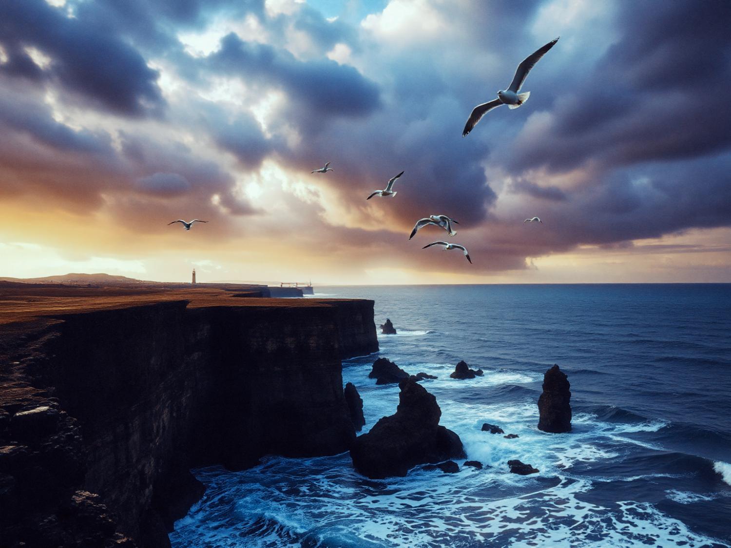 Beneath a sunset sky, seagulls soar over cliffs and waves. A lighthouse stands firm, echoing Samsonite Essens' enduring craftsmanship.