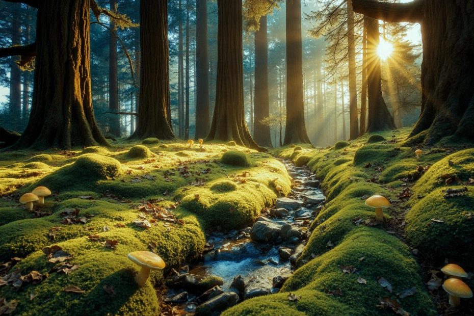 Sunlight filters through towering trees in a lush forest, much like a must-have sling bag weaving through fashion trends with ease.