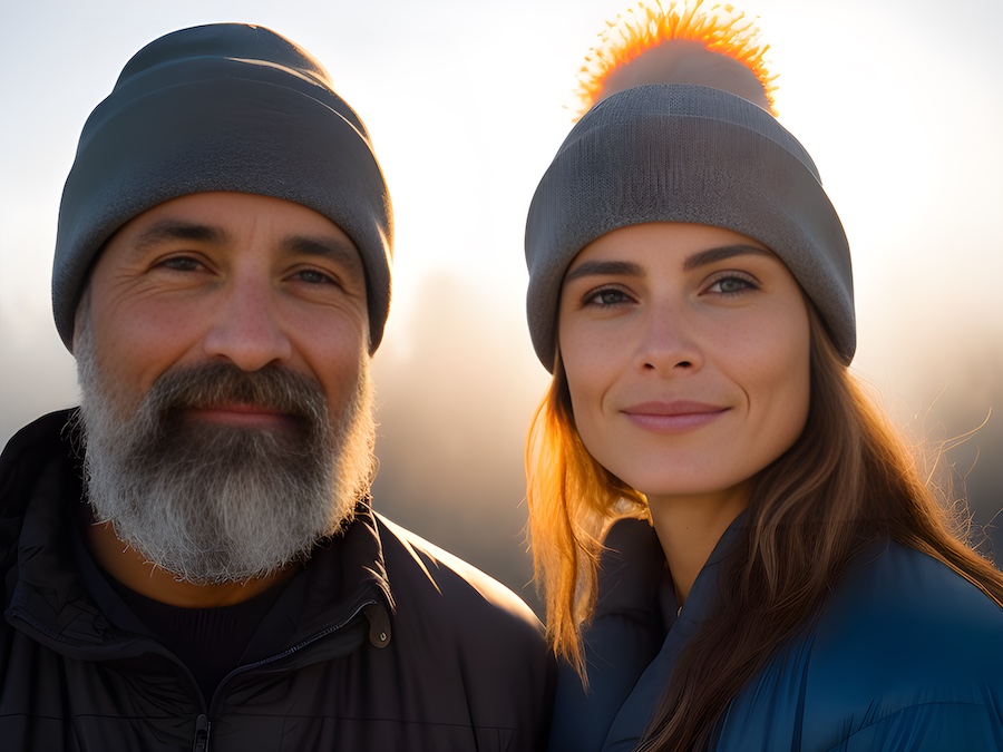 A couple wearing beanie hats showcasing their leather crafts.