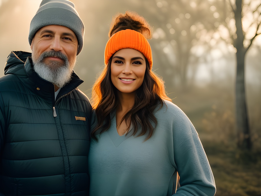 A man and a woman standing in a wooded area while holding leather crafts kits.