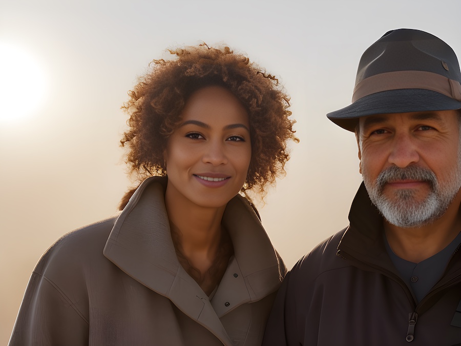 A man and woman standing in front of a sunset, showcasing the leather crafts kits they've made.