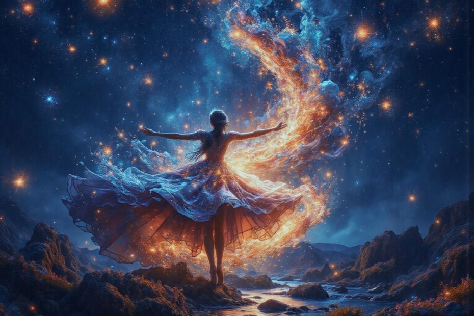 Amidst a rocky nightscape, a person in minimalist fashion extends their arms, enveloped by swirling lights and cosmic elegance.
