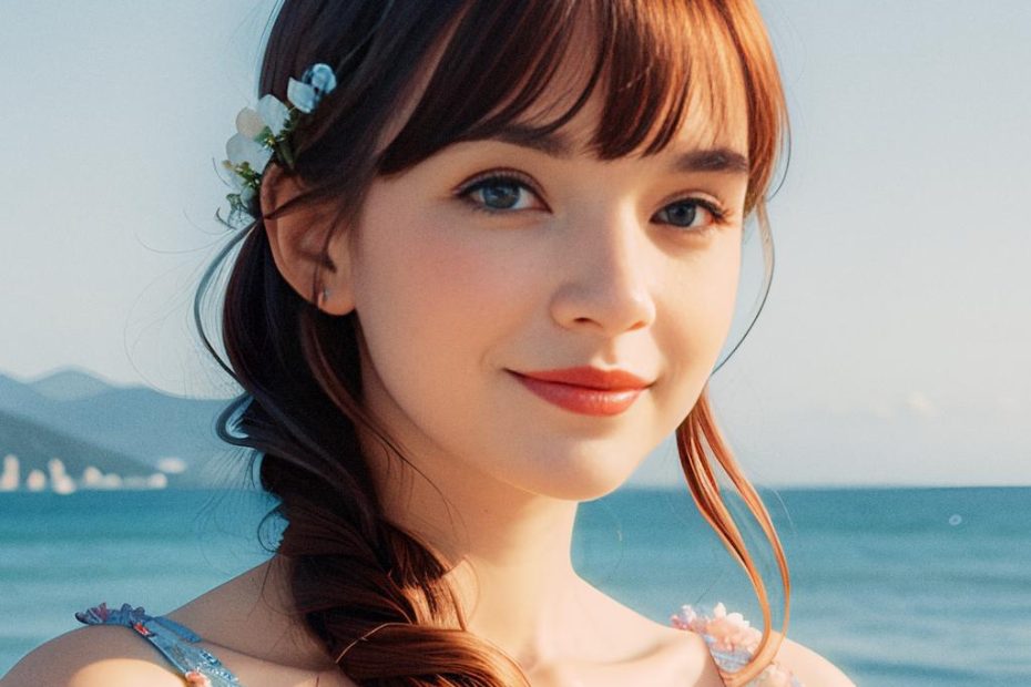 A young woman with auburn hair in a braided updo adorned with chic accessories stands by the seaside, glowing in a light blue outfit against a clear summer sky.