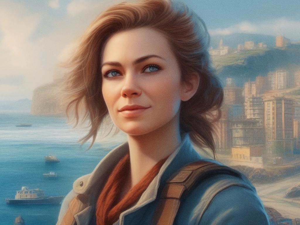 A confident individual with tousled hair gazes afar, donning a chic jacket, stylish scarf, and accessories. A coastal cityscape with hills, boats, and an island completes the backdrop under a moody sky.