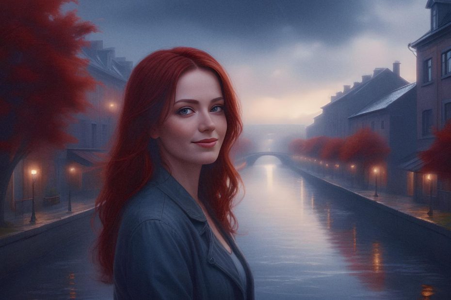 A woman with long red hair stands by a canal at dusk, her silhouette illuminated by streetlights. The serene scene features calm water, a bridge framed by red-leaved trees, and a misty twilight sky—a timeless portrayal of elegance and tranquility.
