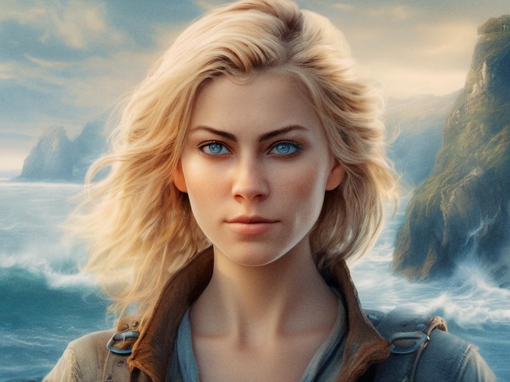 A young woman with flowing blonde locks and striking blue eyes stands strong against a tumultuous ocean, wearing a rugged jacket and clutching a stylish attaché case. The rocky cliffs frame her silhouette, embodying resilience and edgy coastal fashion.